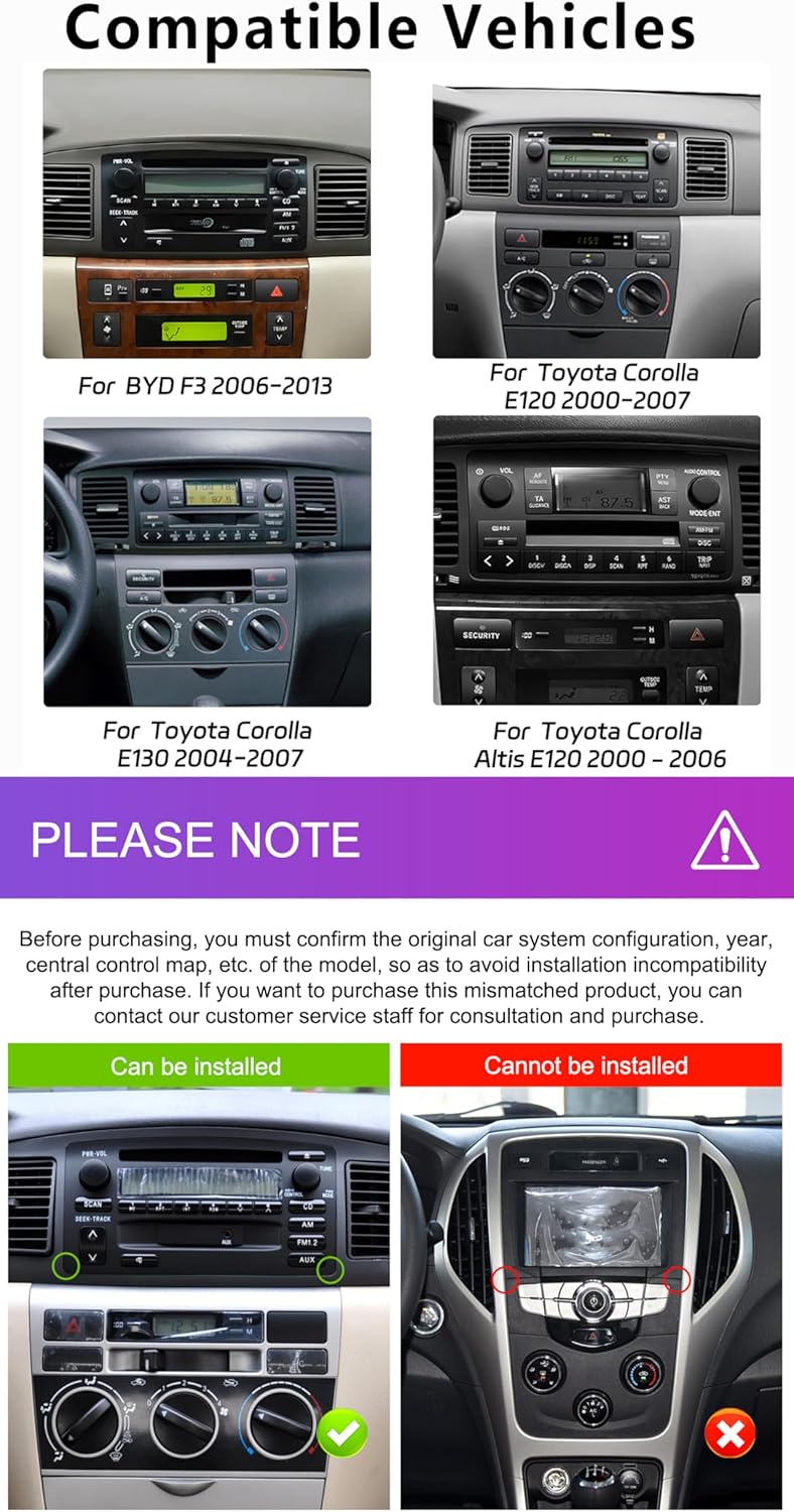 4Core 4G+64G Android Car Stereo Radio for Toyota Corolla E120 E130 2000-2004, Rimoody Wireless CarPlay Android Auto GPS 7 Inch Touch Screen Mirror Link WiFi Bluetooth FM RDS SWC Backup Camera