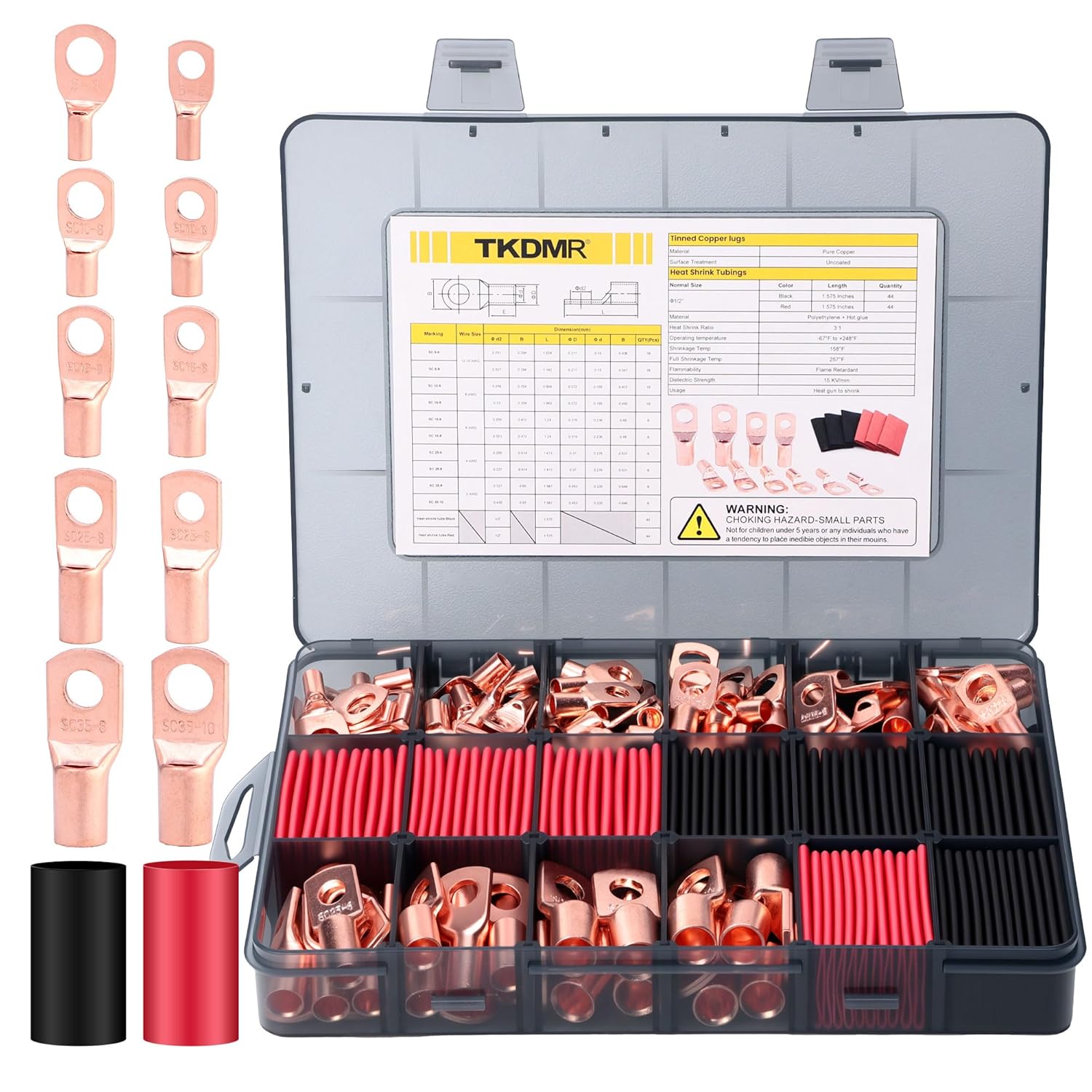 TKDMR ﻿Thick Copper lugs，Electric Wire Lugs，AWG2 4 6 8 10 12Gauge，88Pcs Tinned Heavy Duty Battery Cable Ends Ring Terminal Connectors with 88Pcs 3:1 Heat Shrink Tubing Assortment Kit(Bare Copper)