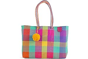 Fiesta Market Tote Bag Handwoven Plastic Mexican Beach Bag for Women