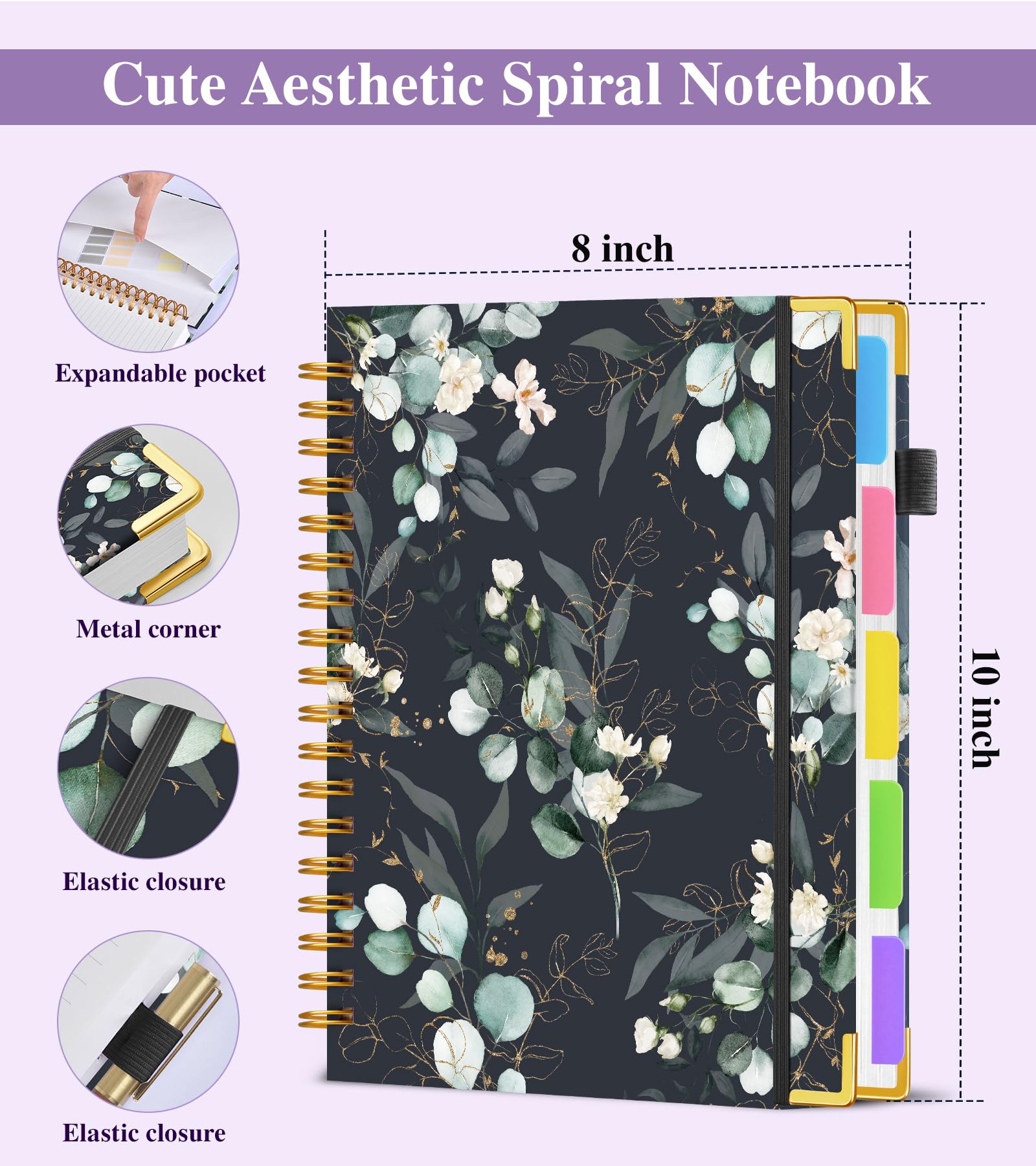 Hardcover Spiral Notebooks for Work，300 Pages 5 Subject Notebook College Ruled with Dividers Tabs，8"x10" Aesthetic Lined Spiral Journal for Women，100GSM Large Cute Notebook for school,GreenEucalyptus