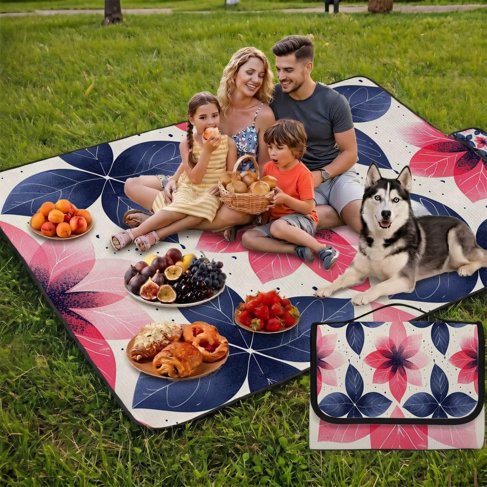 Couverture Pique Nique Grande 200x300cm,Outdoor Couverture Imperméable,Pliable Tapis de Plage Dos en PVC,Picnic Blanket pour Camping Accessoires,Jardin,Parc,Famille - Rose,Bleu Marine (2) UZ-255