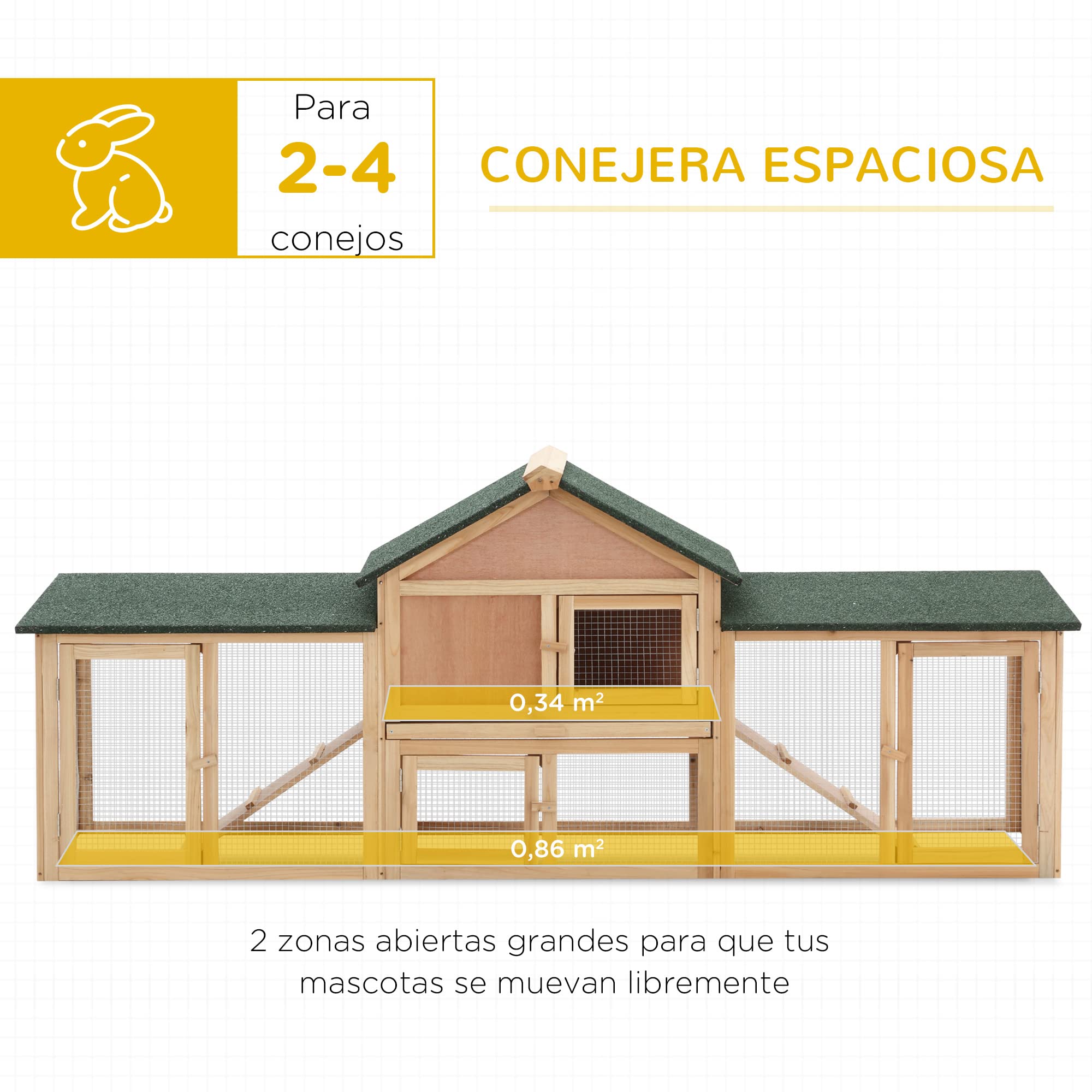 PawHut Conejera de Exterior Grande Gallinero Pajarera Granja Casa para Animales Pequeños Jaula Mascota Conejos Gallinero 210x45.5x84.5cm