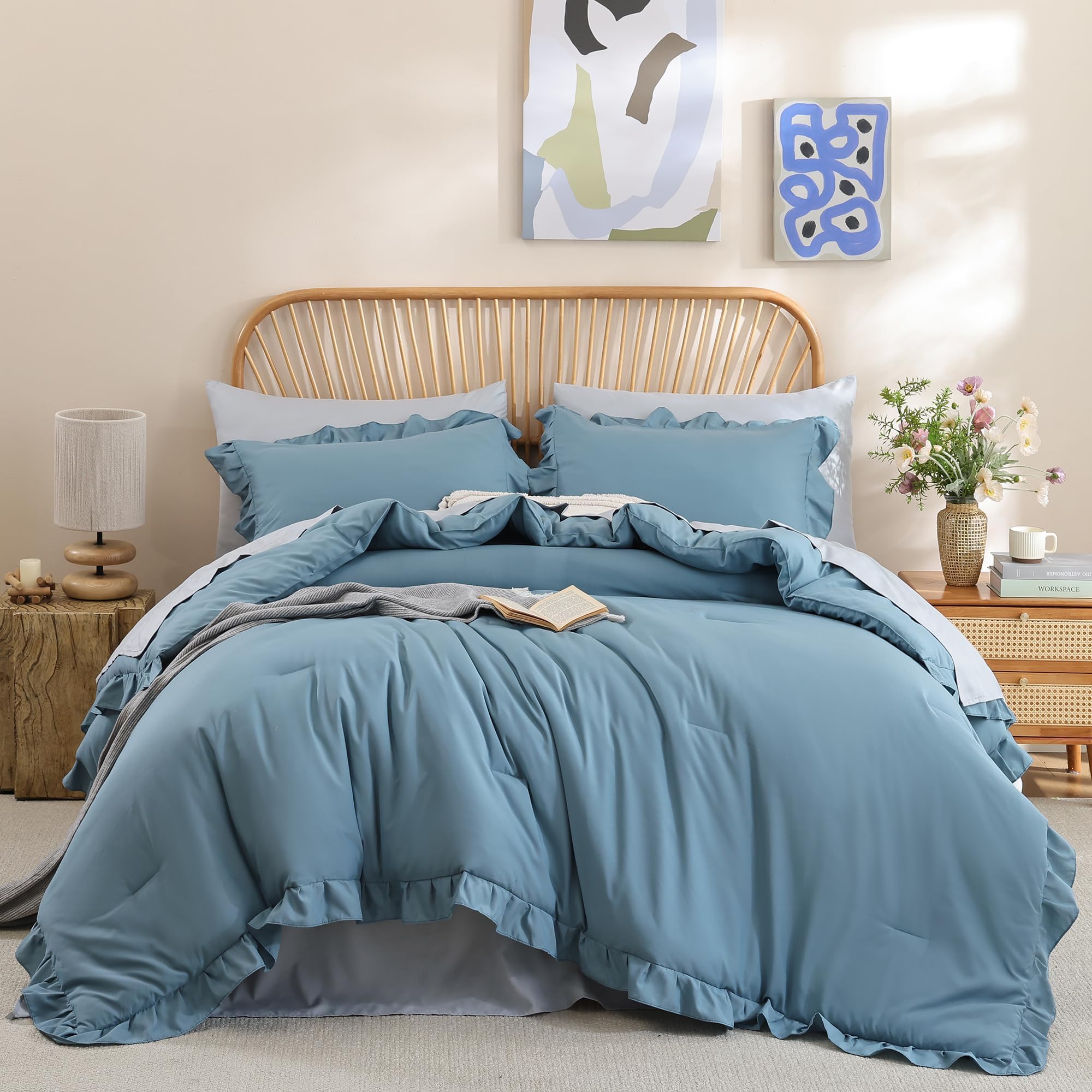 JANZAA Mineral Blue Comforter Set King, Ruffle Soft Bedding