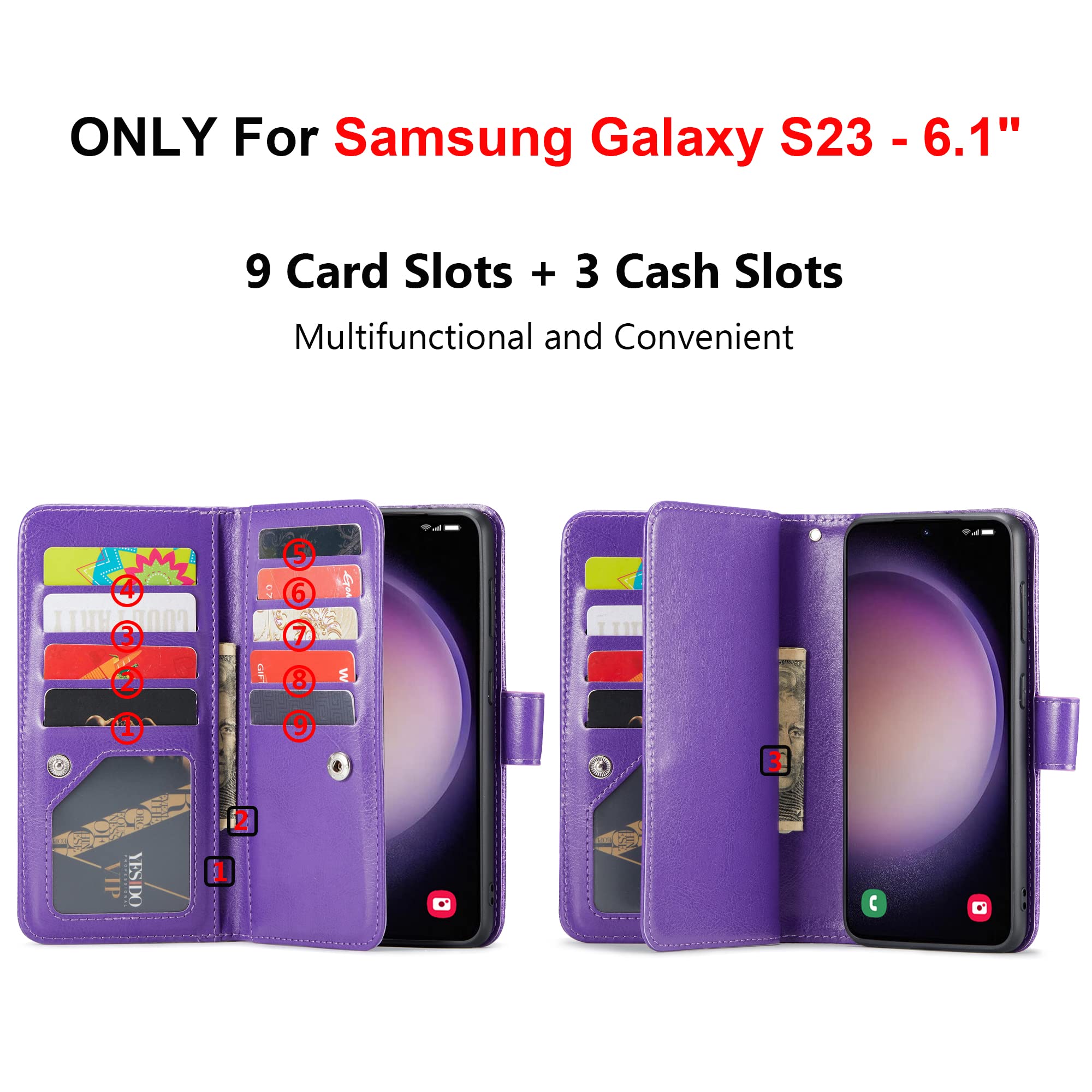 Varikke for Samsung Galaxy S23 Case Wallet, Detachable Magnetic Wallet Flip Cases with Card Holder & Kickstand & Wristlet, Glitter PU Leather Cover Fits Samsung Galaxy S23 for Women Men, Dark Purple