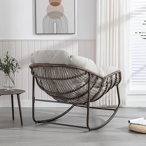 Miniatura 5 de SZLIZCCC Mecedoras para patio, mecedora de huevos de mimbre de gran tamaño, sillas Papasan tapizadas para interiores y exteriores, silla moderna