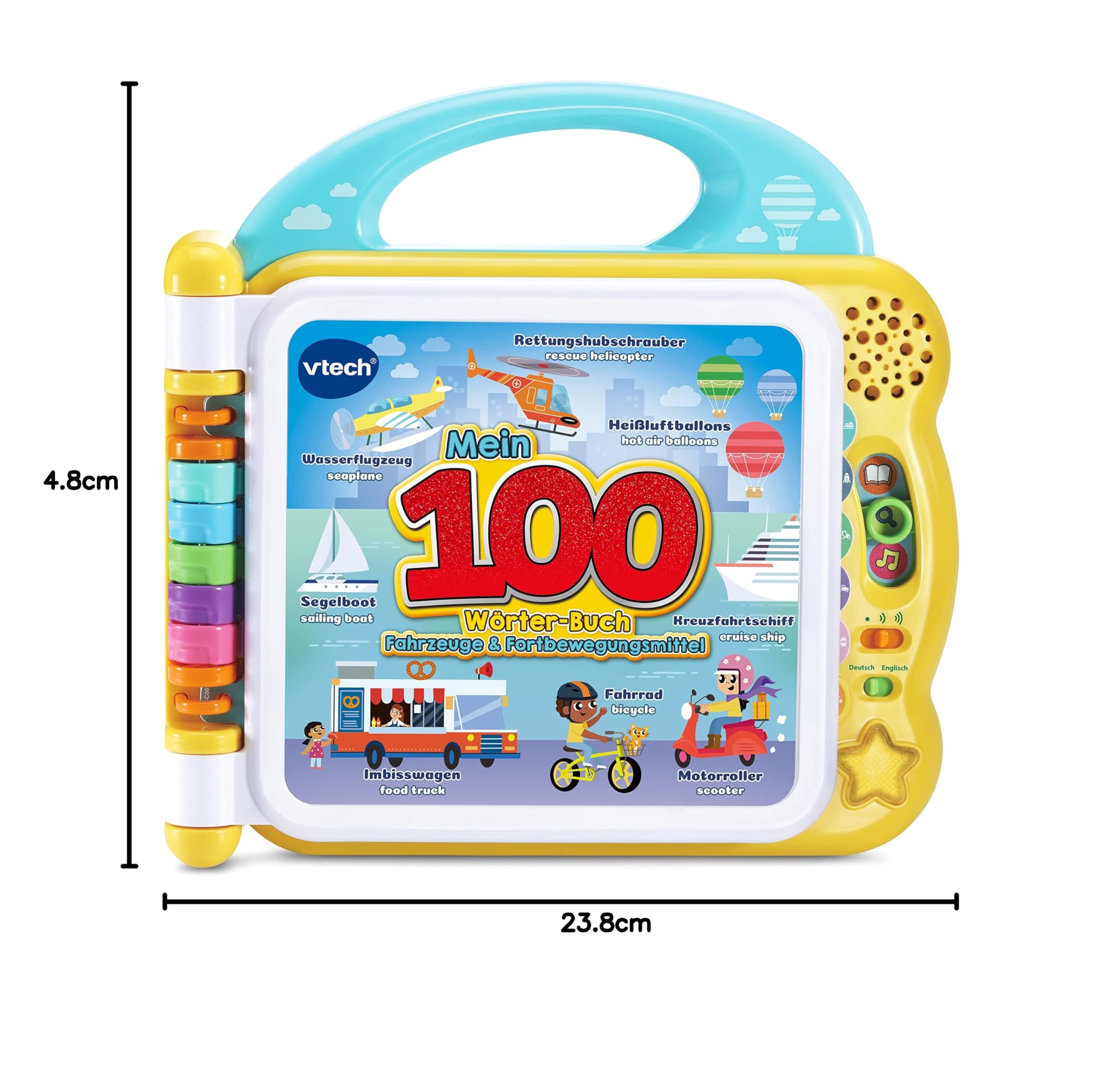 Vtech Baby Mein książka z 100 słowami: pojazdy i środki ruchu – interaktywna książka z ponad 100 słowami na 12 dwustronnych stronach (niemiecki i angielski) – dla dzieci w wieku 2-5 lat