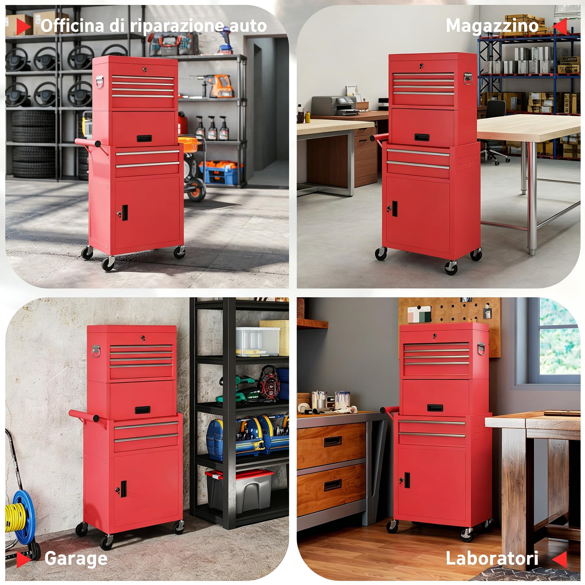 HOMCOM Carrello Porta Attrezzi in Acciaio con Serratura, 3 in 1 Carrello Portautensili da Officina con 6 Cassetti, 2 Armadi, Pannello Forato, Ruote, Maniglia, Capacità 100kg, Rosso