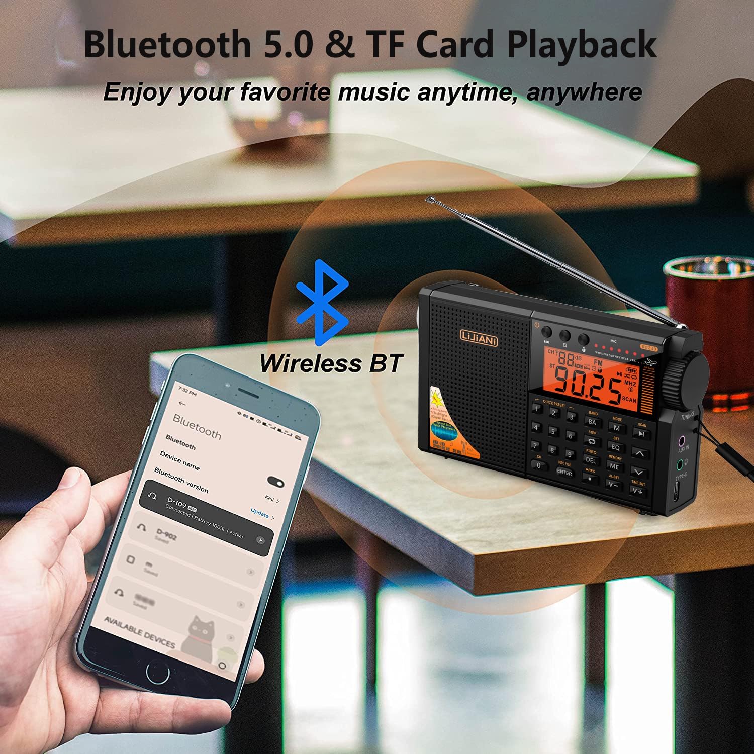 LIJIANI Shortwave Radio connected via Bluetooth to a smartphone