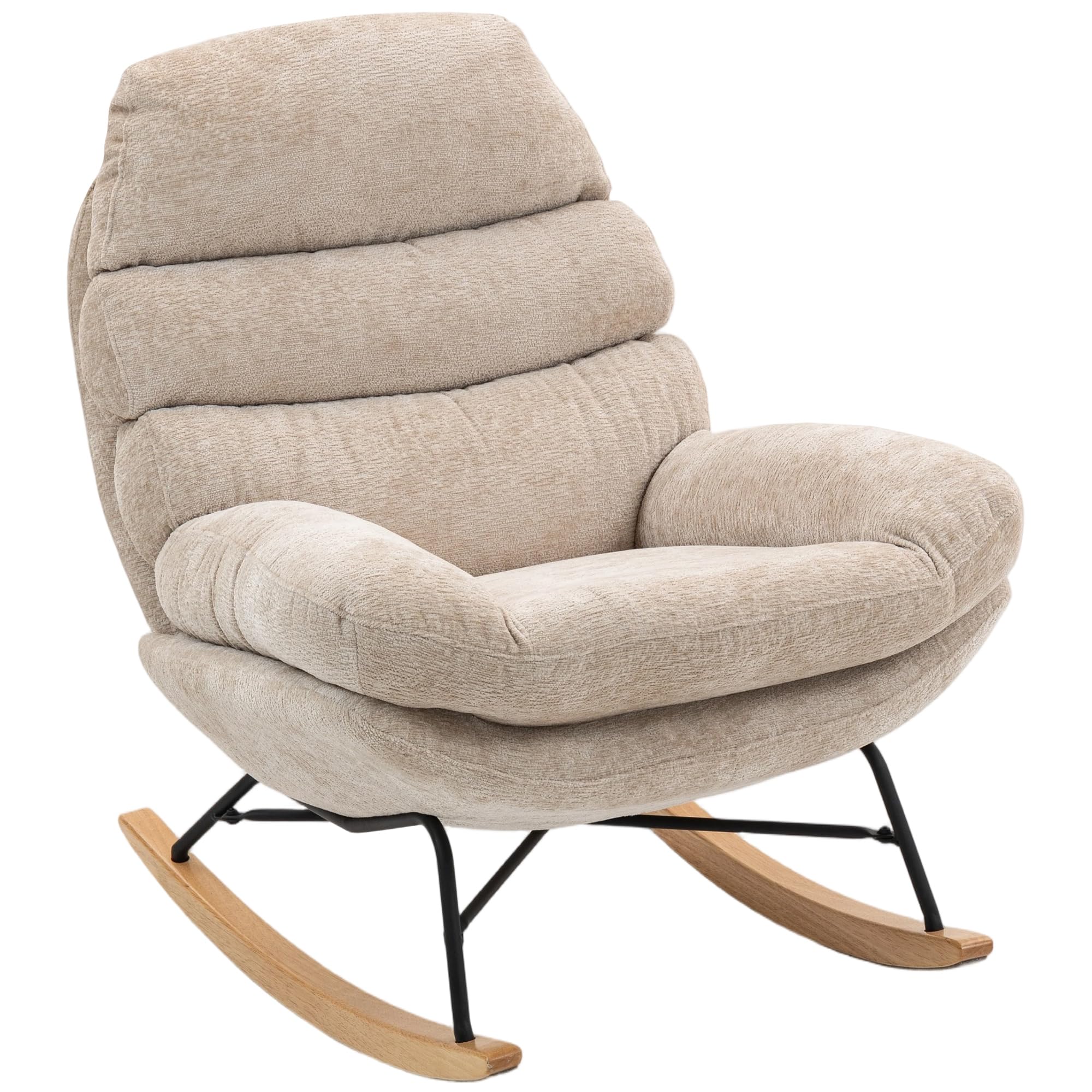 HOMCOM Schaukelstuhl Schaukelsessel mit Rückenlehne Schneidersitz Sessel, gepolstert Relaxsessel mit Chenille-Optik, Holzgestell Schwingsessel, Lesesessel für Wohnzimmer, Cremeweiß