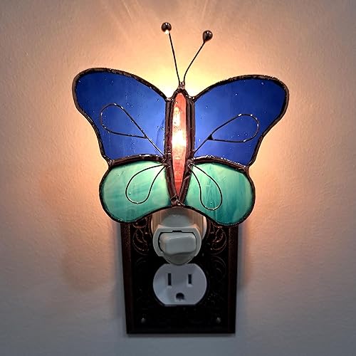Miniatura 5 de Gift Essentials Luz nocturna con enchufe de mariposa azul y aguamarina, luz nocturna de vidrieras con interruptor basculante de encendidoapagado,