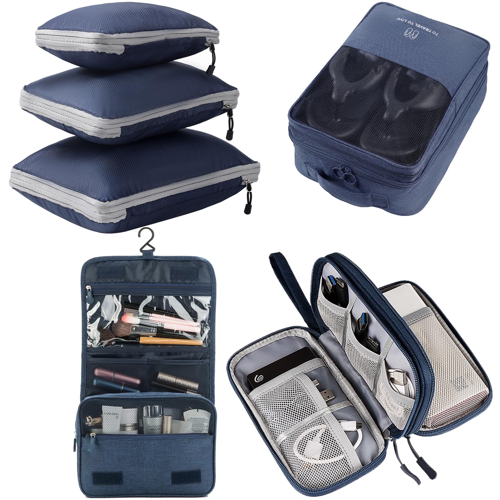 TMVOK トラベルポーチ 6点セット旅行用 出張 アレンジケース 圧縮バッグ 収納バッグ シューズバッグ トイレタリーバッグ パッキングオーガナイザー 衣類 靴用 歯ブラシ 化粧品 PC周辺小物 軽量 便利