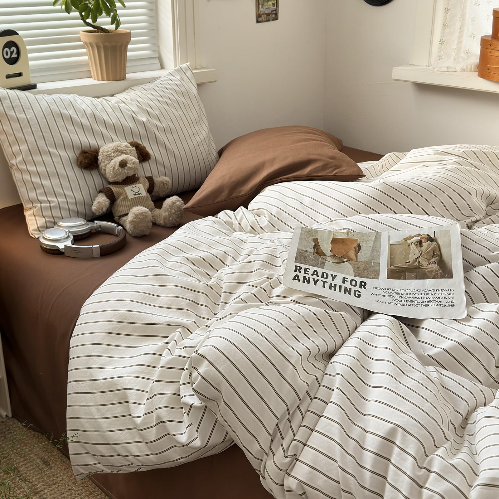MKXI Twin XL Size Beige Brown Striped Duvet Cover Set - 3 Piece Vintage Aesthetic Bedding, Lightweight Breathable Comforter Cover, Modern Neutral Bedroom Decor with Zipper Closure