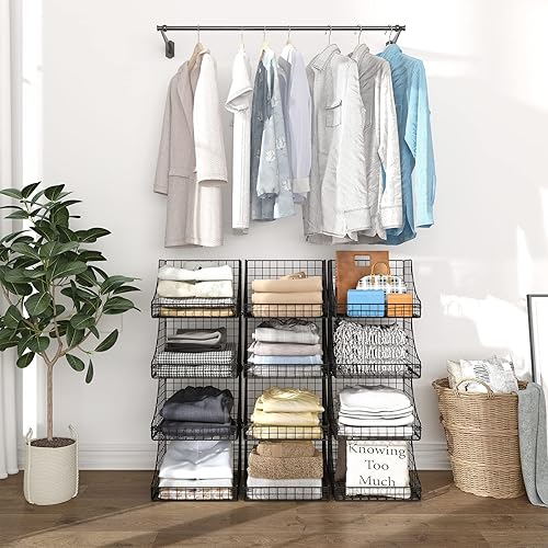 Miniatura 5 de Paquete de 4 cestas apilables de alambre para organizadores y almacenamiento de armario, contenedores de almacenamiento abiertos para ropa, juguetes