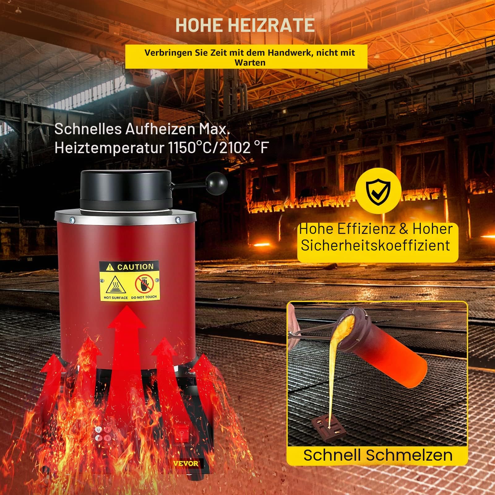 VEVOR Schmelzofen, automatisch, elektrisch, 3 kg, 1750 W, Goldschmelzofen, 1150 °C, professioneller Schmelzofen, digitale Steuerung mit Tiegel aus Graphit, schnelle Erwärmung für Metallbehandlung