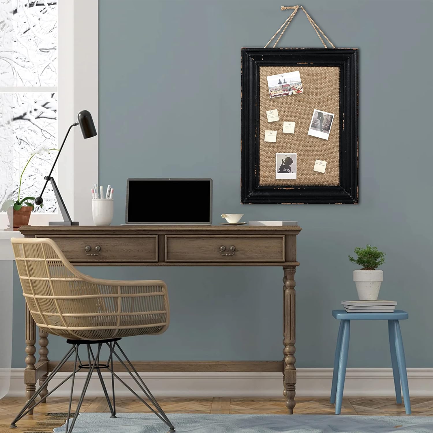 SOFE Hanging Linen Small Bulletin Board, 15.7×12 Inches Decorative Cork Boards for Walls with Black Frame, Wood Vision Board Farmhouse Pin Board for Home Office School, Rustic Memo Board Display Photo