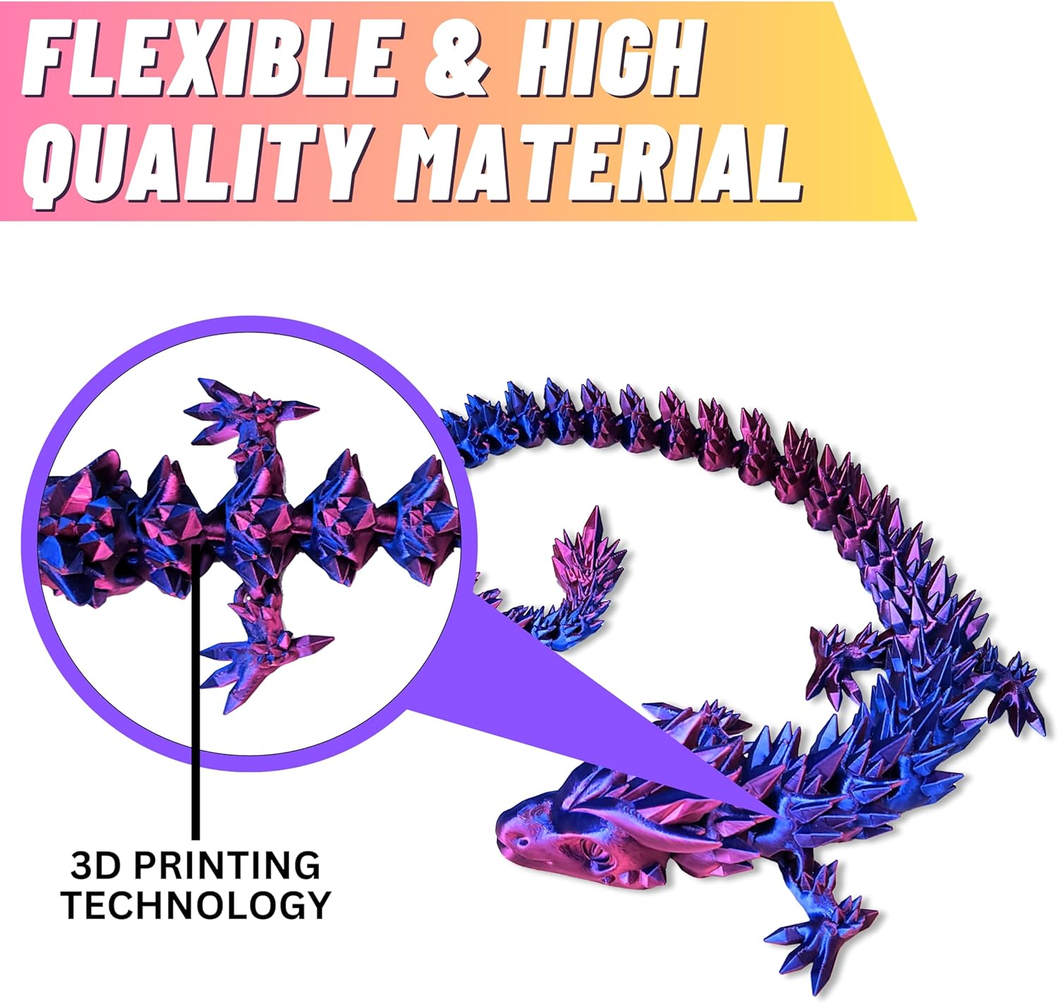 Easter Basket Stuffer, 30" Articulated 3D Printed Dragon – Flexible Fidget Toy for Kids & Teens, Dragon Egg Hunt Gift, Mythical Figurine (Red/Purple/Blue)