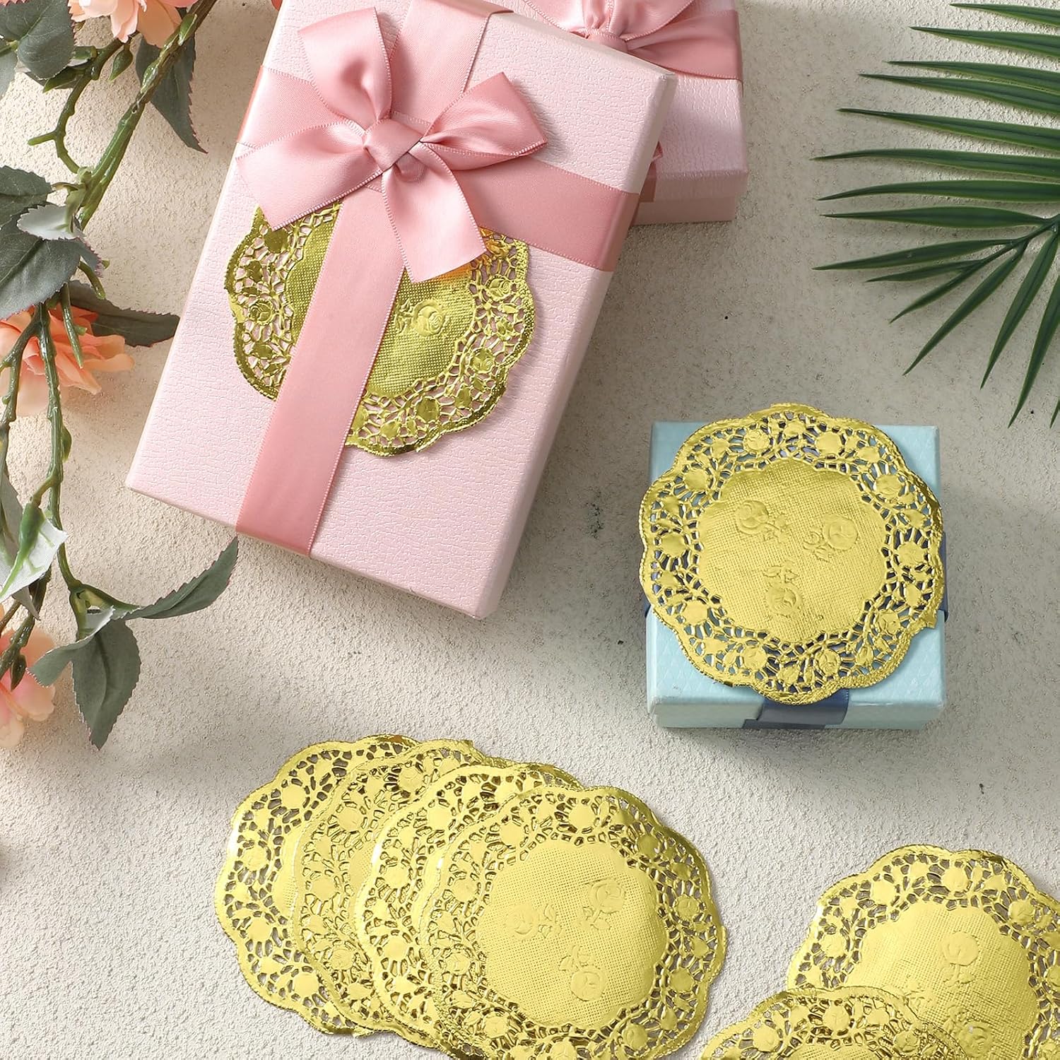 100 Pcs Gold Lace Paper Doilies 3.5 Inch Paper Doilies Disposable Round Papers Placemats Decorative Foil Lace Papers for Cake Dessert Craft Wedding Birthday Party Tableware Decorations
