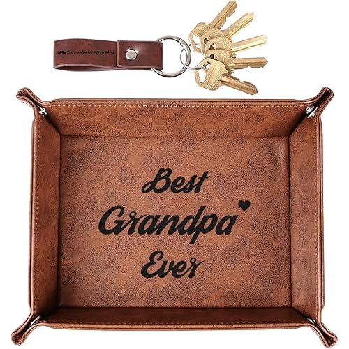 Best Grandpa Ever Gifts for Grandpa from Grandchildren Kids, Birthday Gifts for Grandfather, Leather Valet Tray and Keychain