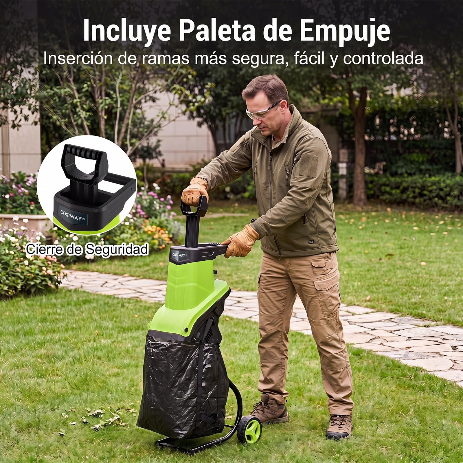 COSTWAY 2500W Trituradora de Ramas con Ruedas, 50 L, Ø 45 mm (Verde) | Biotrituradora Eléctrica,Relación de Reducción 21:1, Paleta de Empuje para Jardín