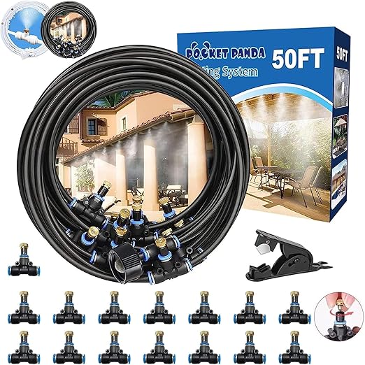 Misters for Outside Patio, Outdoor Water Misting Cooling System 50FT|15M. Backyard Mist Kit for Garden Greenhouse Fan Deck Umbrella Canopy Pool Porch Trampoline Sprinkler Park BBQ Party Accessories.