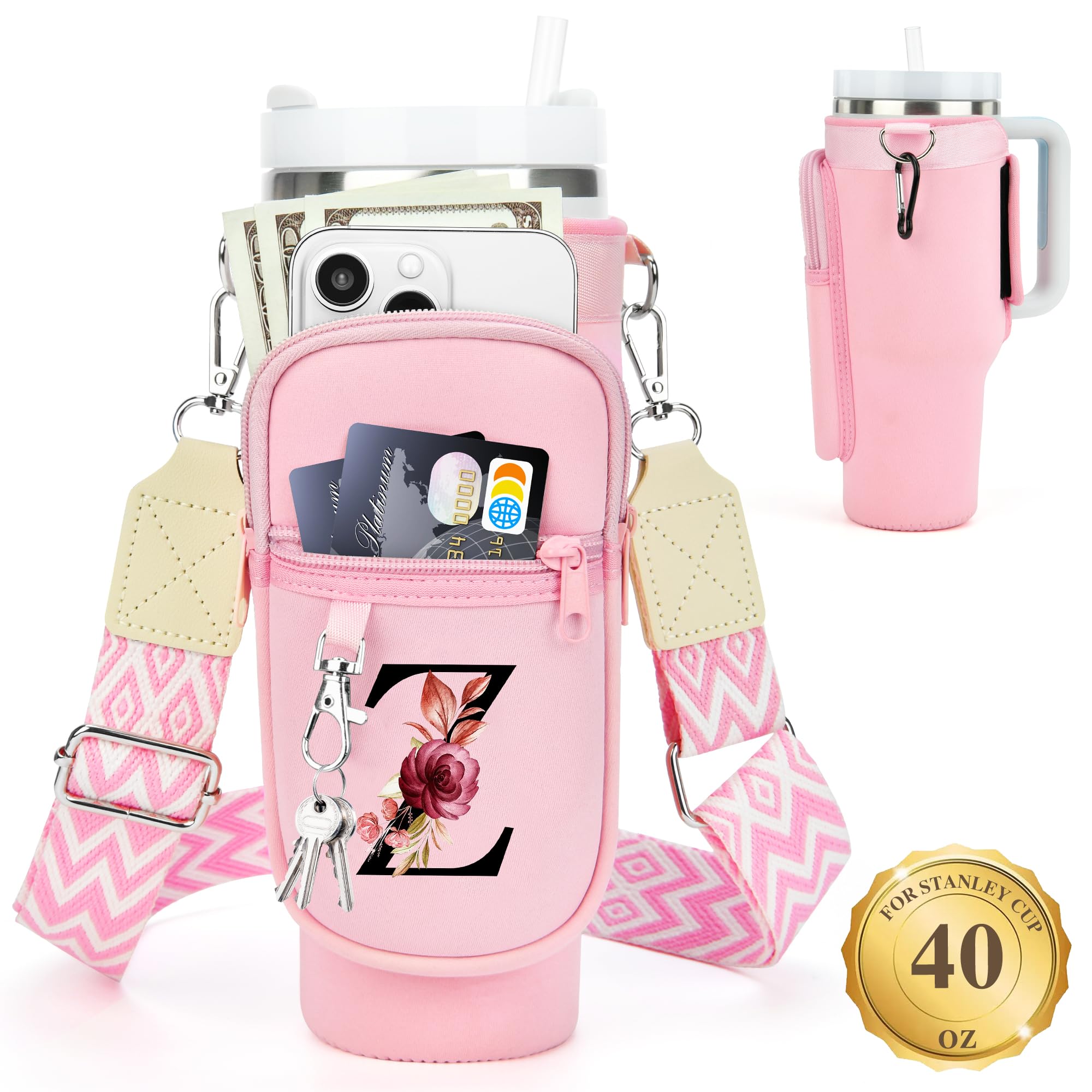 Personalized Water Bottle Holder with Strap for Stanley Cup Accessories 40 oz Tumbler, Initial Water Bottle Carrier Bag W/ Phone Pocket, Ideal