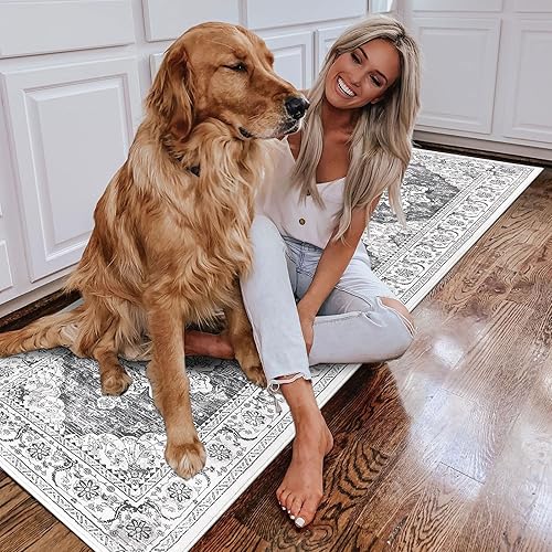 Miniatura 7 de Ileading Alfombra vintage para pasillo, lavable a máquina, con parte trasera de goma, antideslizante, para dormitorio, sala de estar (gris, 2 x 6
