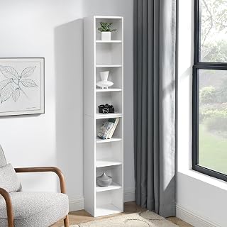 Slim Movie/CD/DVD Storage Cabinets with Adjustable Shelves,8-Tier Multimedia Storage Tower, Tall Narrow storage Shelf for Living Room, Office,white