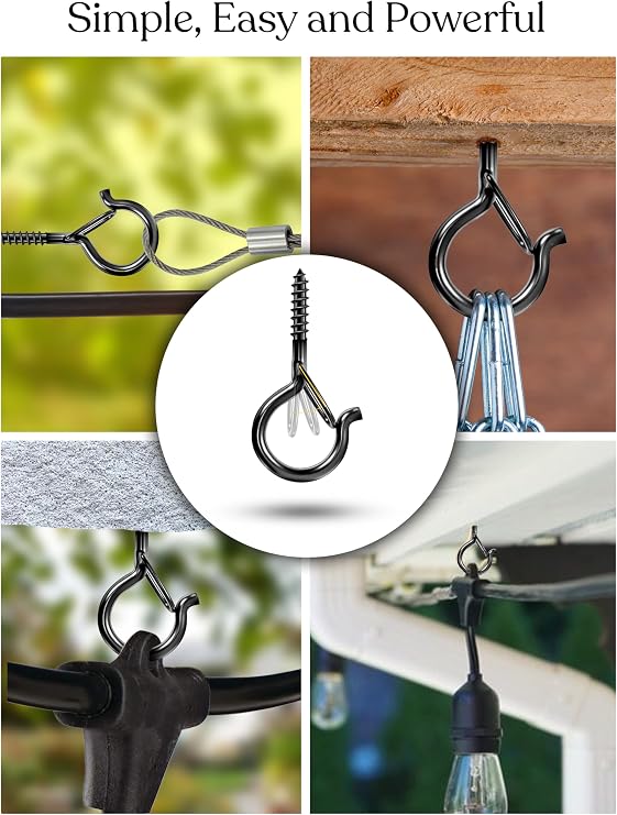 Brightech String Light Screw Hooks - Ceiling Hooks for Hanging Solar, Plug-in Lights, Outdoor String Lights - Q Hooks with Safety Buckle Design for Porch, Patio - 15 Pack, Black, AMB-HKS-15