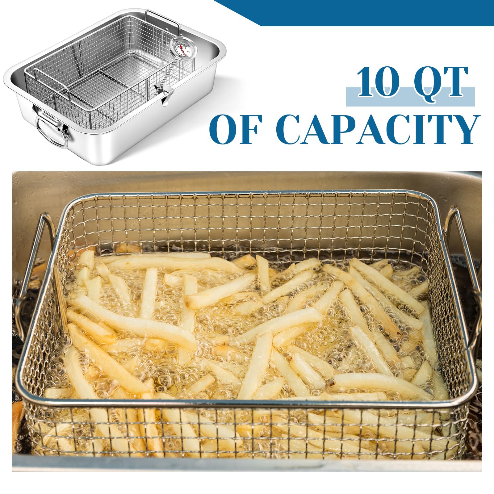 Teenyyou Sartén profunda con cesta de acero inoxidable de 10 cuartos de galón, freidora con cesta rectangular para perros de maíz con termómetro de aceite para cocinar patatas fritas pollo