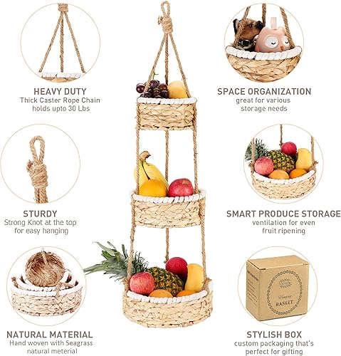 Miniatura 3 de Cesta colgante de frutas de 3 niveles para cocina, hecha a mano de mimbre natural tejido de hierba marina cesta colgante para frutas y verduras,