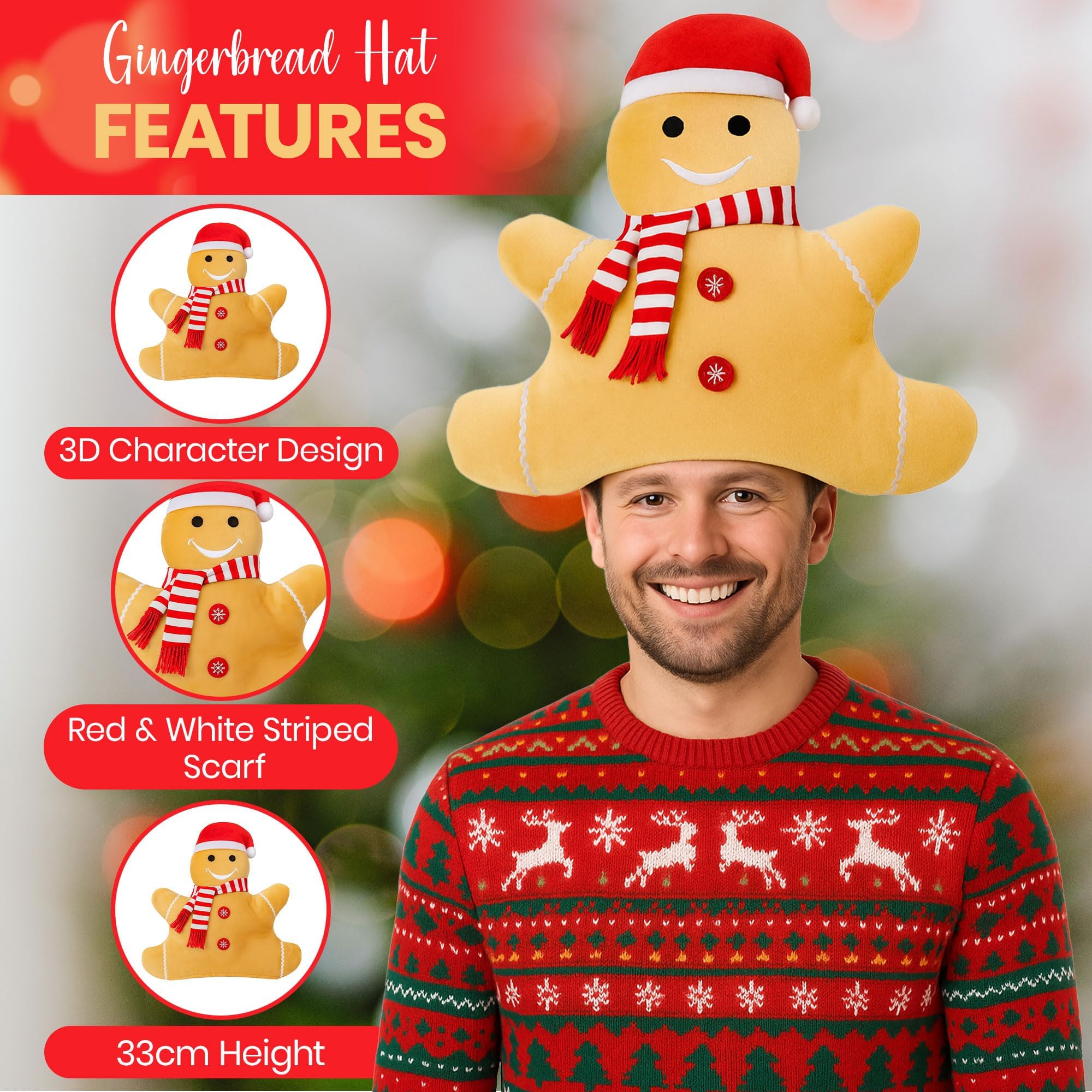 Gingerbread Man Hat, Novelty Christmas Hat for Adults and Kids, Gingerbread Man Novelty Xmas Headwear Xmas Party Props - Image 3