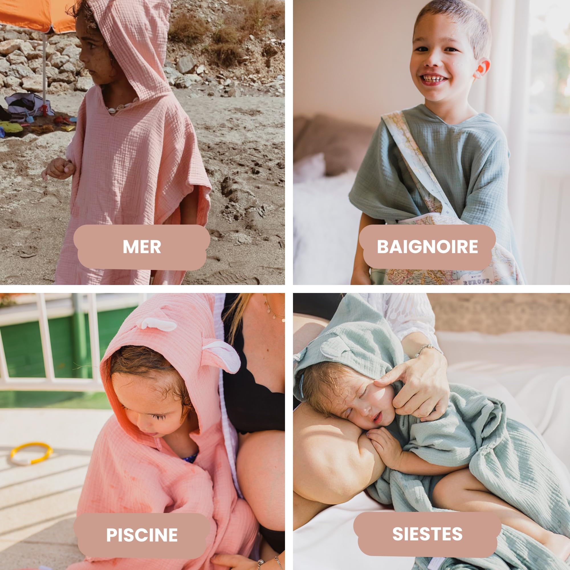 MIMUSELINA Poncho de Bain Bebe et Enfant en Mousseline 100% Coton | Cape de Bain Enfant Léger et Absorbant | Sèche Rapidement | Usage Quotidien, Piscine et Plage Bebe | Espagne
