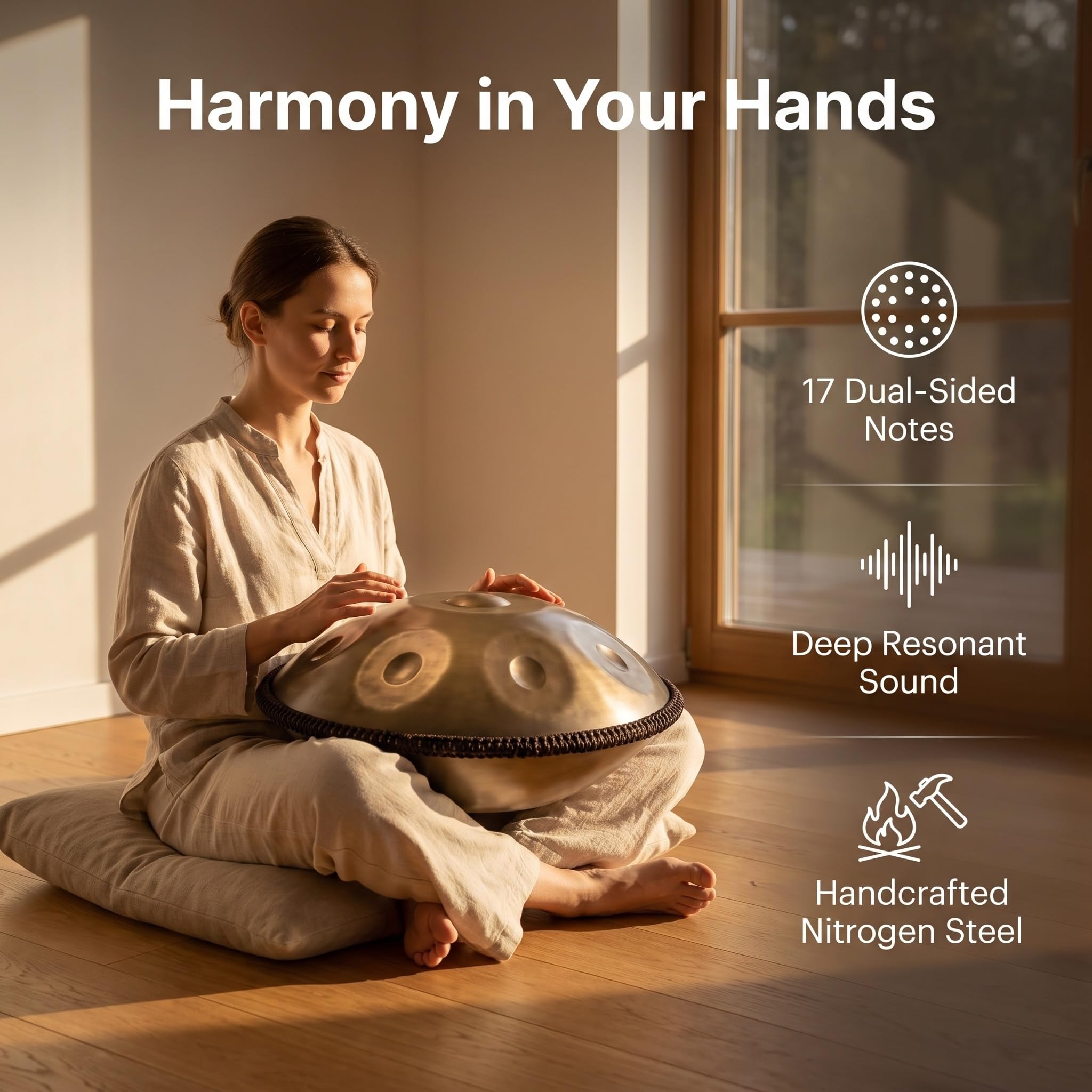 22-calowy bęben Handpan, 17 nut 440 Hz w D-moll ze stali. Zawiera miękki pokrowiec, pałeczkę i podstawkę. Ręcznie strojona harmoniczna perkusja do uzdrawiania dźwiękiem