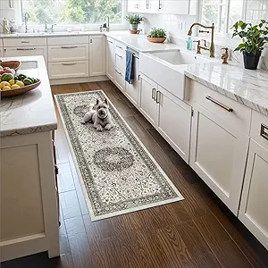 Hallway 4x8 Washable Runner Rug: Oriental Stain Resistant Entryway Kitchen Rug Farmhouse Soft Carpet for Bathroom Bedroom Thin Laundry Room Floor Mat with Non Slip Backing for Pets Family(4x8,Grey)