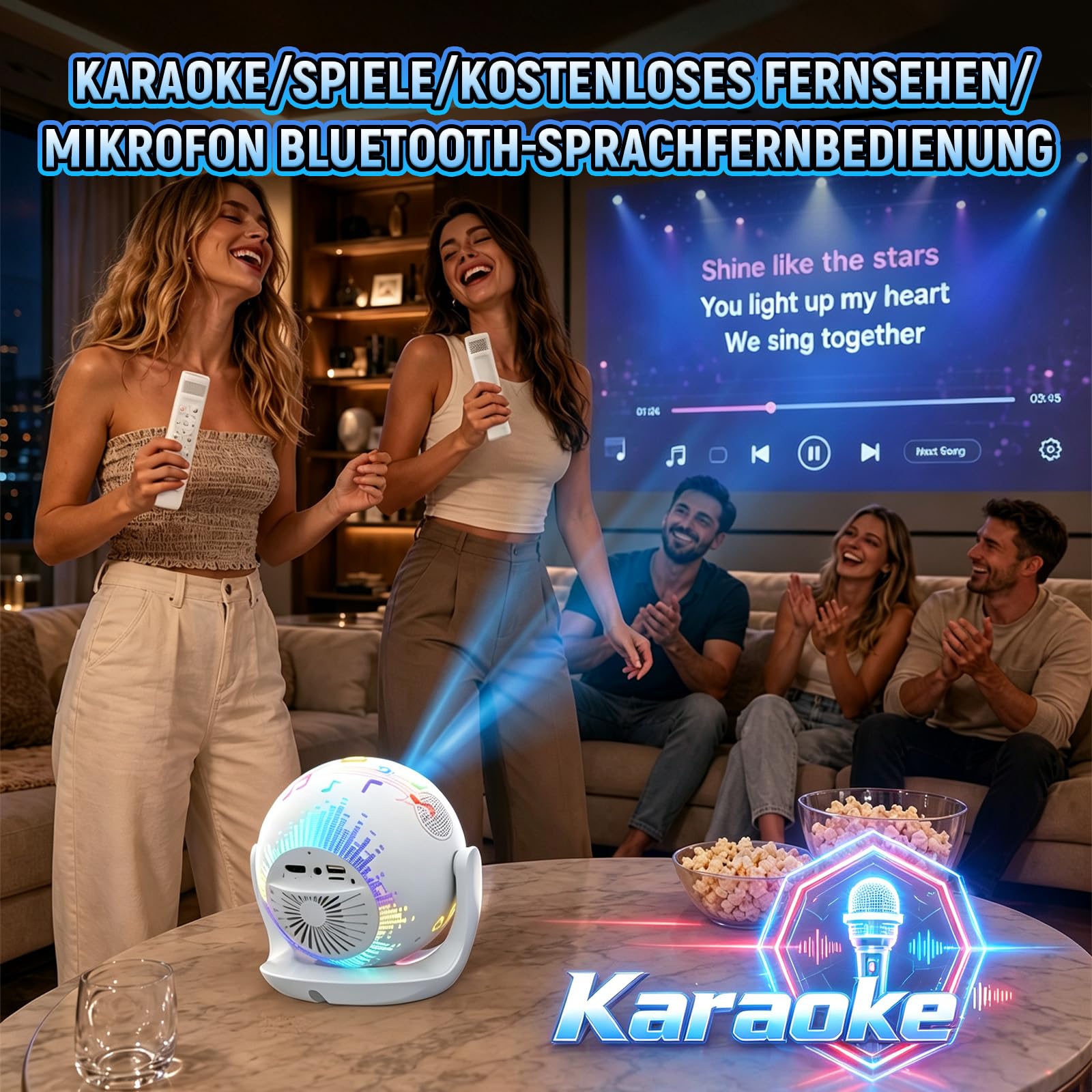 U6 5-in-1 Mini Beamer,Karaoke/Spiele/Free-TV/Mikrofon-Sprachfernbedienung