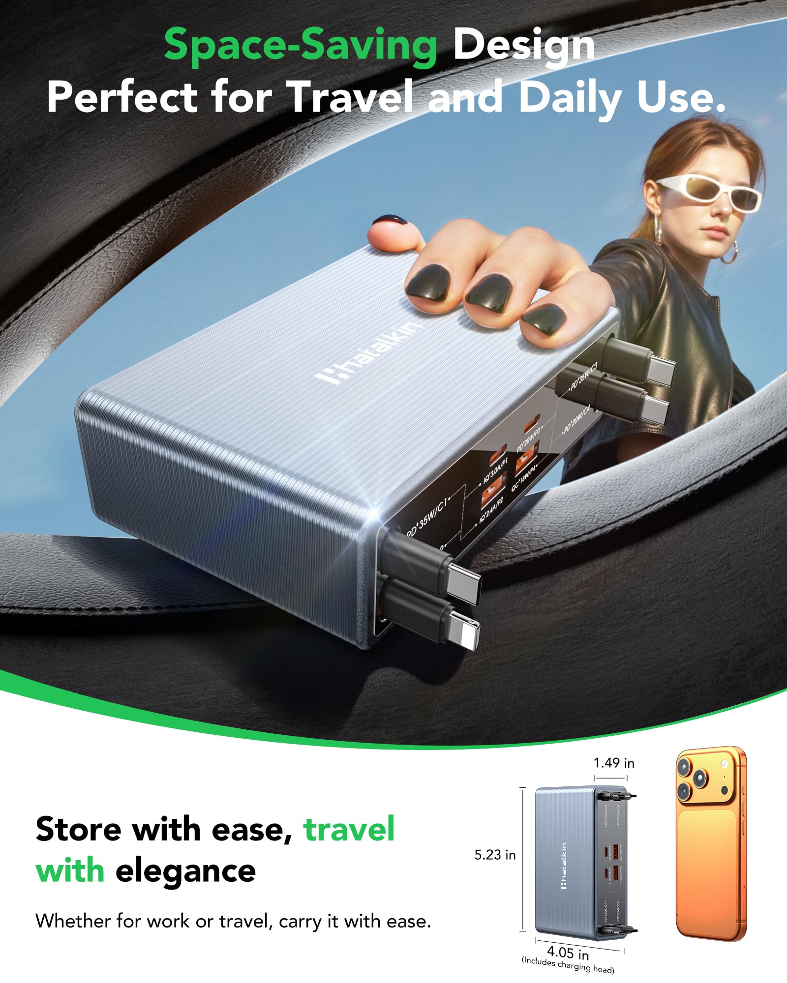 HATALKIN Multi Chargeur USB C 105w 4 Retractable Station de Charge,4 Ports GAN Chargeurs et Adaptateurs,