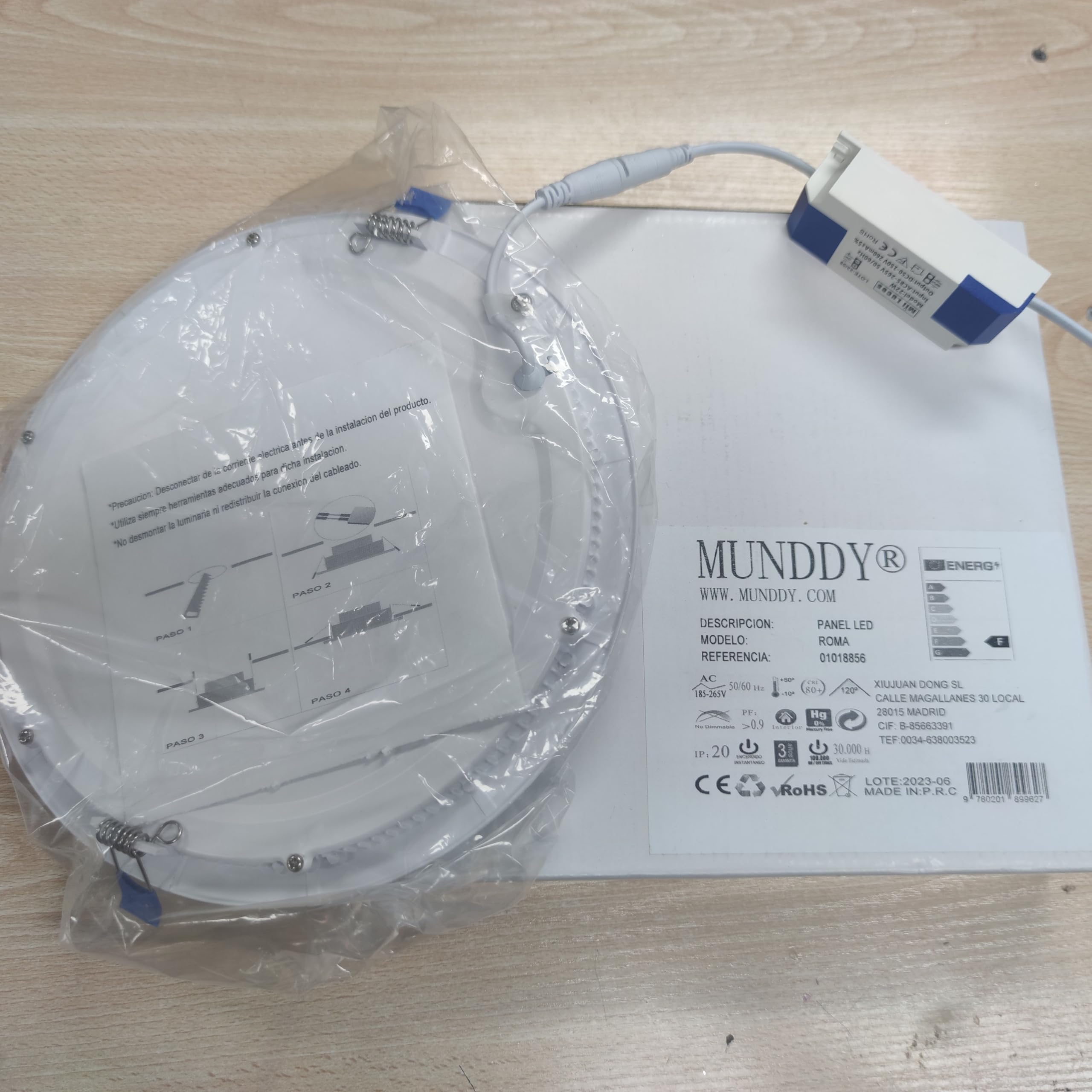 MUNDDY PACK DE 2 Downlight LED Panel Empotrable Redondo, iluminacion 6W, 3000k Blanco Cálido, marco blanco, driver incluido Envio Urgente desde Madrid