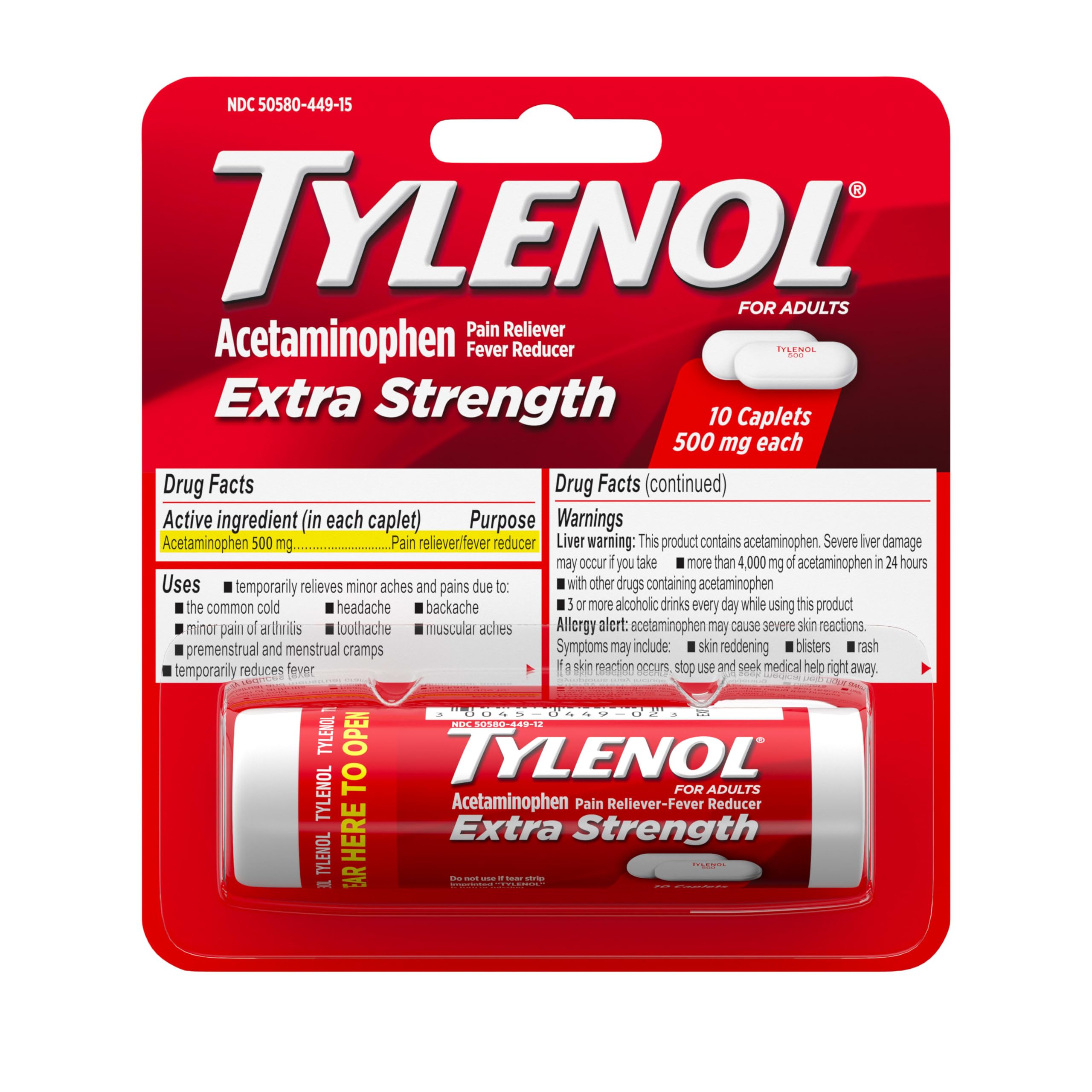 TylenolExtra Strength 500 mg Acetaminophen Caplets, Pain Reliever & Fever Reducer, Acetaminophen for Minor Arthritis Pain, Headache, Backache & Toothache, Travel Size, 10 ct
