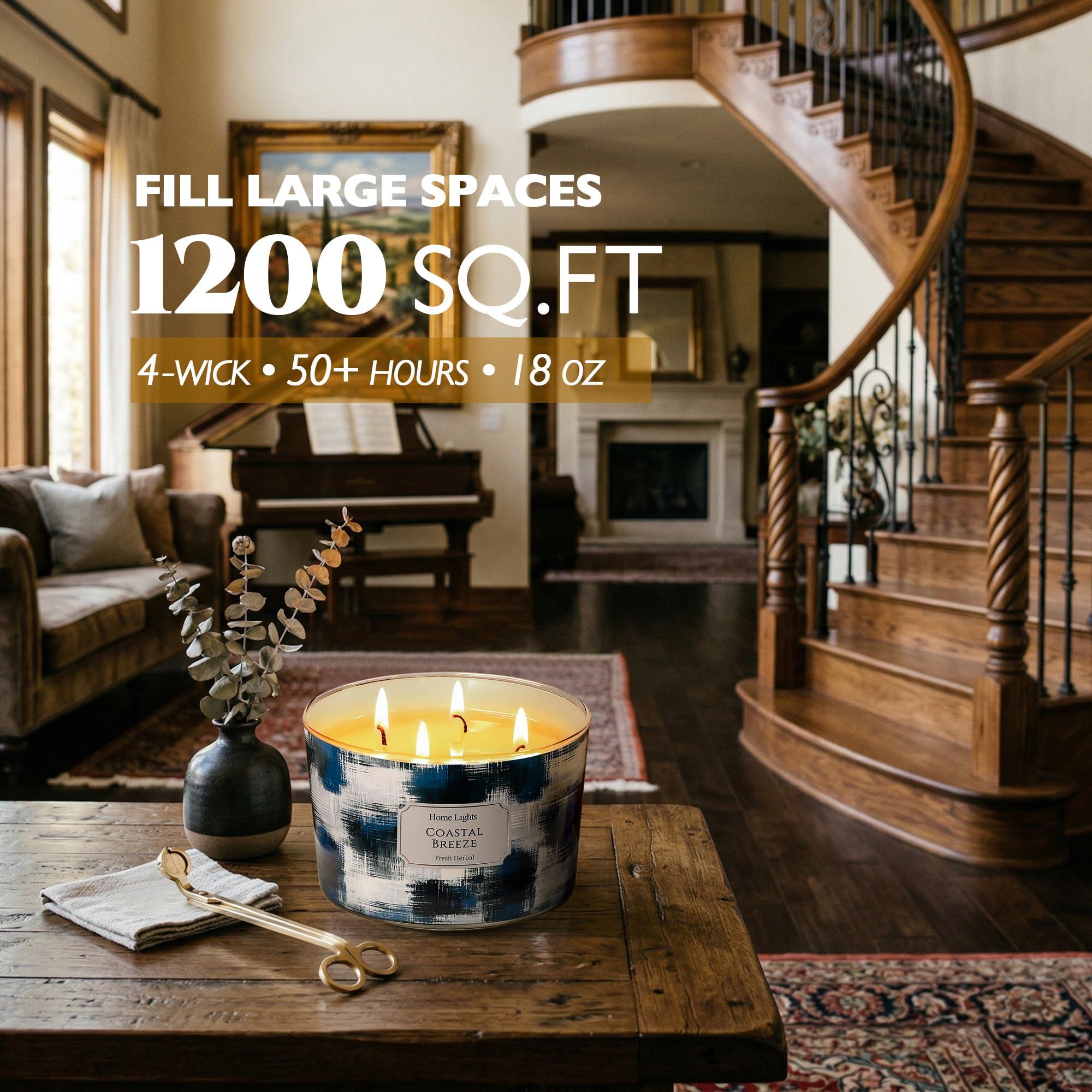 HomeLights Vela en frasco grande | Velas aromáticas de larga duración de 4 mechas, vela de cera de soja natural de 18oz con diseño minimalista escandinavo, Brisa Costera
