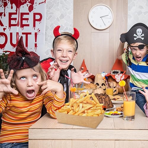 Miniatura 5 de Whaline 50 bandejas de papel de Halloween para comida de papel a cuadros negros y naranjas, botes de comida con guantes de plástico, bandejas