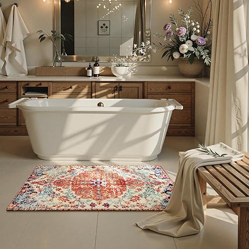 Miniatura 234 de Lahome Alfombra bohemia con medallón floral de 3 x 5 pies, suave, impresa, para baño, cocina, entrada, vestíbulo, vintage, antideslizante, lavable