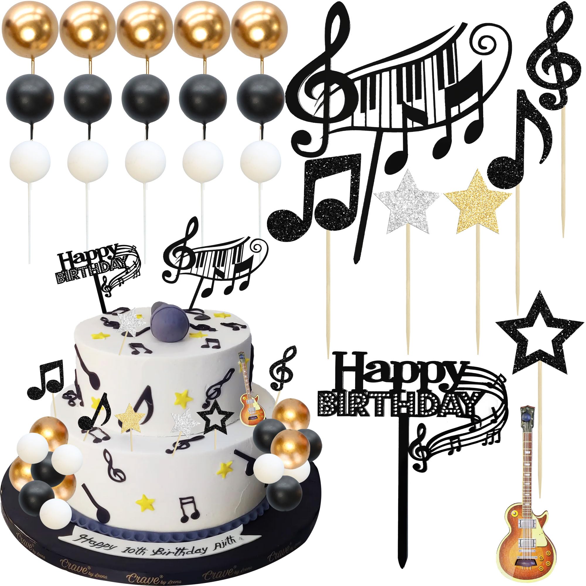 Gyufise 30Pcs Rock Music Happy Birthday Cake Topper Piano Guitar Cake Toppers Glitter Music Notes Balls Cake Decorations for Musician Birthday Party Supplies Black White Silver