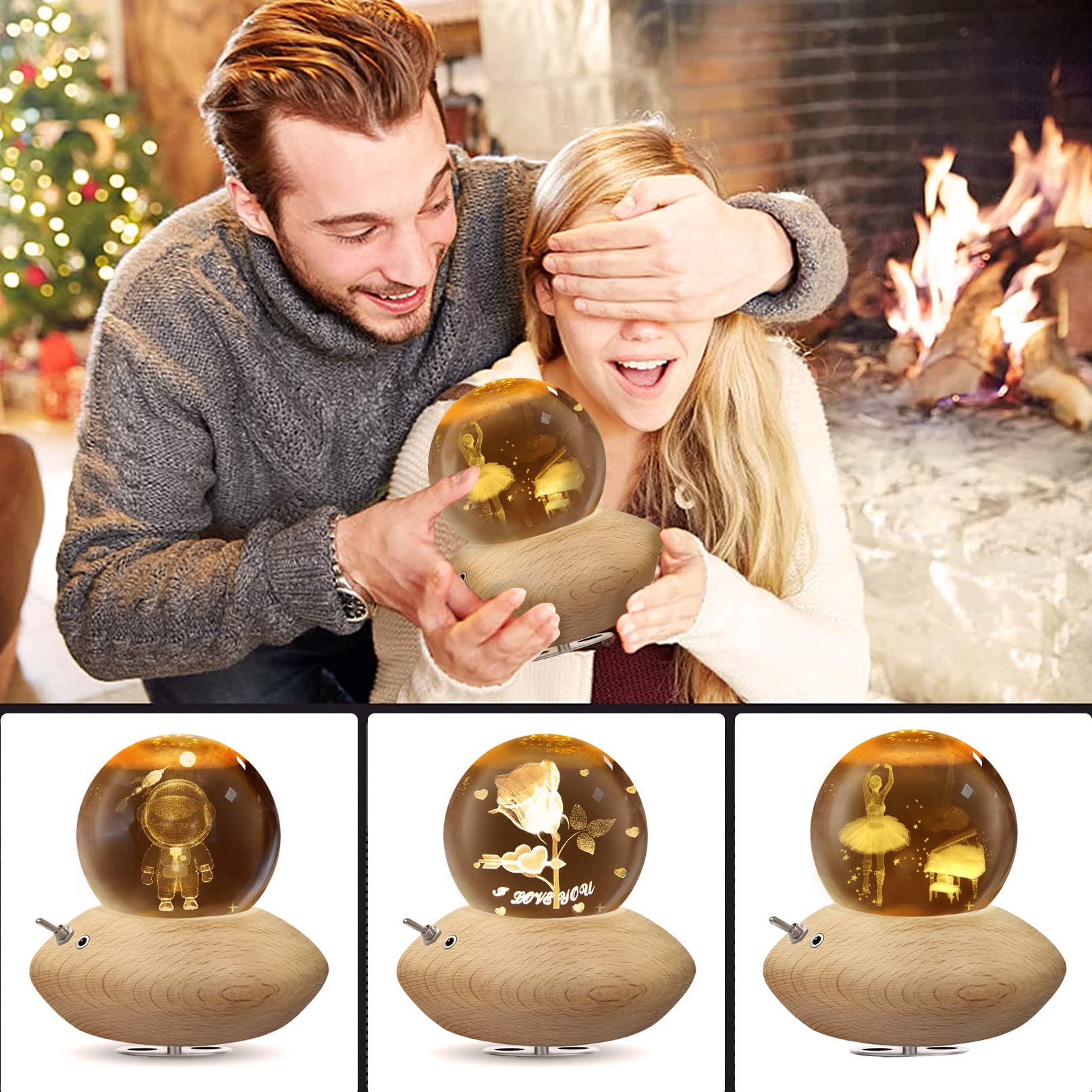 Boîte à Musique 3D Boule de Cristal,HILEYOLLA Boîte à Musique rotative à 360°avec Lampe de Projection à Lumière Chaude,Cadeau pour Noël,Thanksgiving, Anniversaire, Saint Valentin