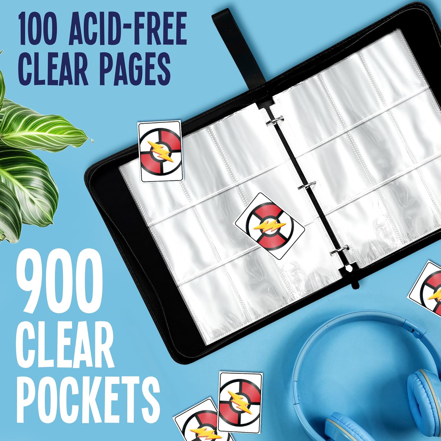 Premium 900-Card Trading Card Binder – 13" x 10.5" PU Leather Zipper Binder with Handle, 50 Double-Sided 9-Pocket Sheets, Velvet Liner, Includes Bonus Clear Card Holder