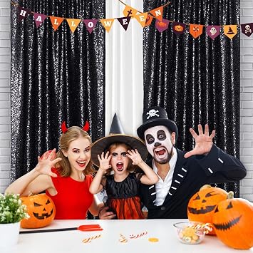 2Pieces Sequin Backdrop 2ftx8ft(60x243cm) Shiny Seamless Photo Booth Curtain for Party Wedding Decoration Photo Background, Black