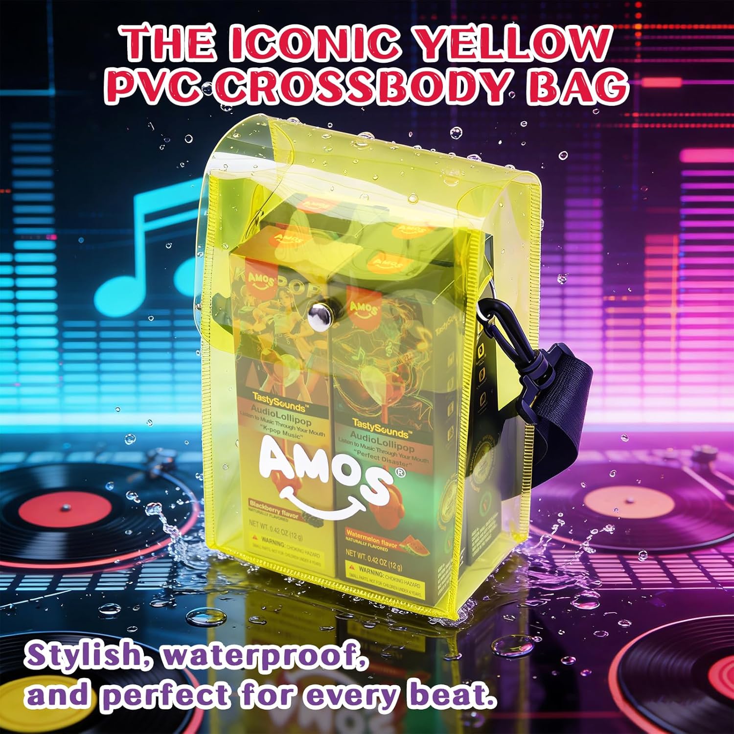 Amos TastySounds Wearable Music Lollipop Set - 4 Flavors & Music Styles with Trendy Yellow PVC Crossbody Bag, Bone Conduction Tech Candy, Fashionable Sensory Gift for Festivals & Tech Enthusiasts
