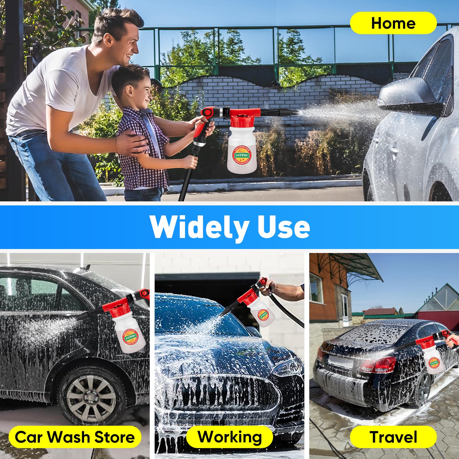 Pistolet à Mousse pour Lavage de Voiture, MYPIN Canon à Mousse Réglable, Pulvérisateur de Tuyau 2,5 à 6 Bars, Convient pour le Nettoyage de Voiture et le Jardin avec Connecteur Rapide 1/2