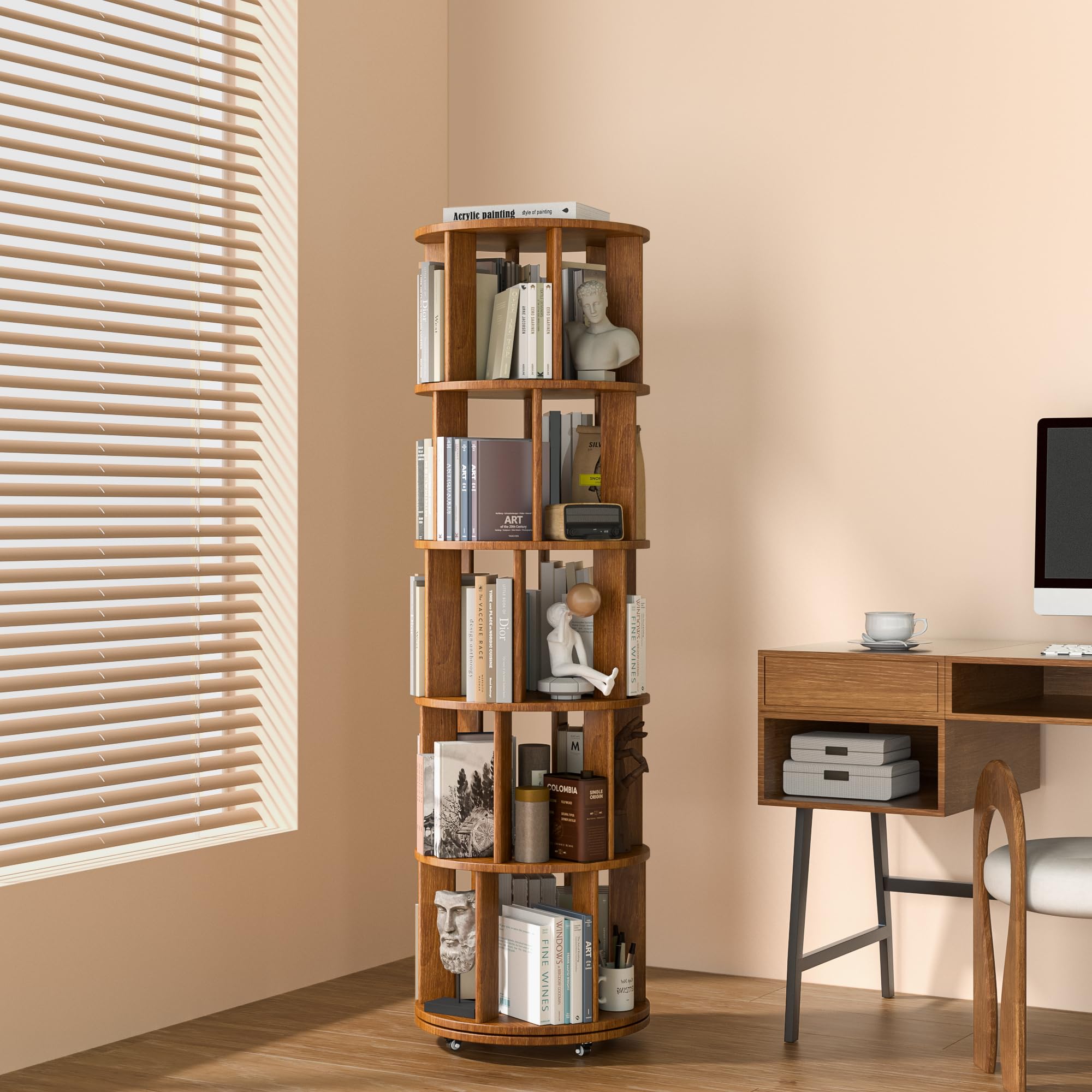 5 Tier Rotating Bookshelf Tower Spinning Bookshelf with Swivel Wheels Book Shelf Rotating Storage Tower for Kids Adult Narrow Walnut Solid Wood Revolving Bookcase Organizer for Bedroom Living Room-image-40