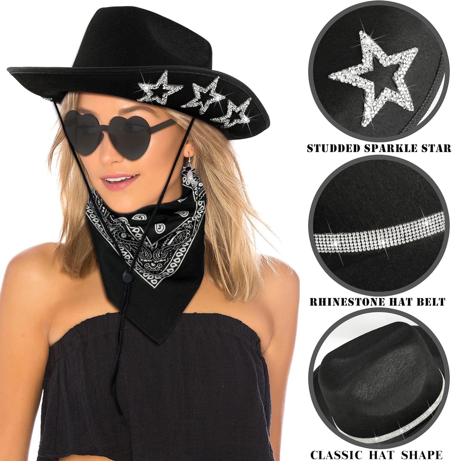 Cowgirl Outfits Star Cowboy Hat Sparkly Boots Earrings Bandana Sunglasses for Women Western Costume Accessories - Image 2