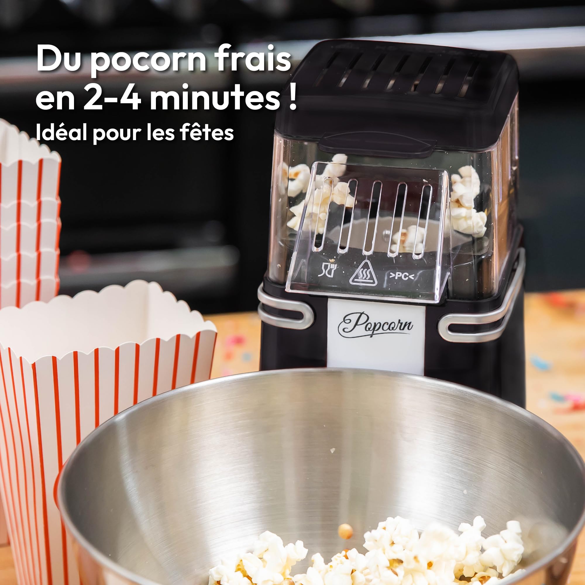 Gadgy Machine à Pop-Corn - Appareil à Popcorn - Machine à Pop-Corn à Air Chaud Rapide - Sans Huile, sans Graisse - avec Tasse à Mesurer et Couvercle Supérieur Amovible - Revêtement Noir Rétro